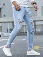 Men's Light Wash Ripped Frayed Skinny Jeans