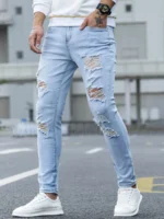 Men's Light Wash Ripped Frayed Skinny Jeans