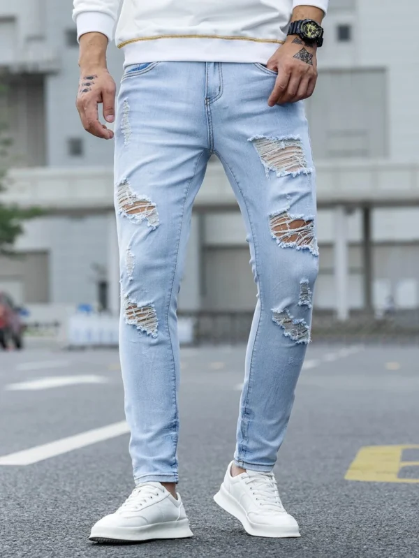 Men's Light Wash Ripped Frayed Skinny Jeans