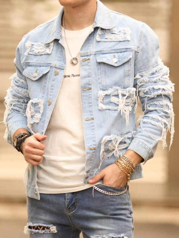 Ripped Frayed Flap Pocket Denim Jacket